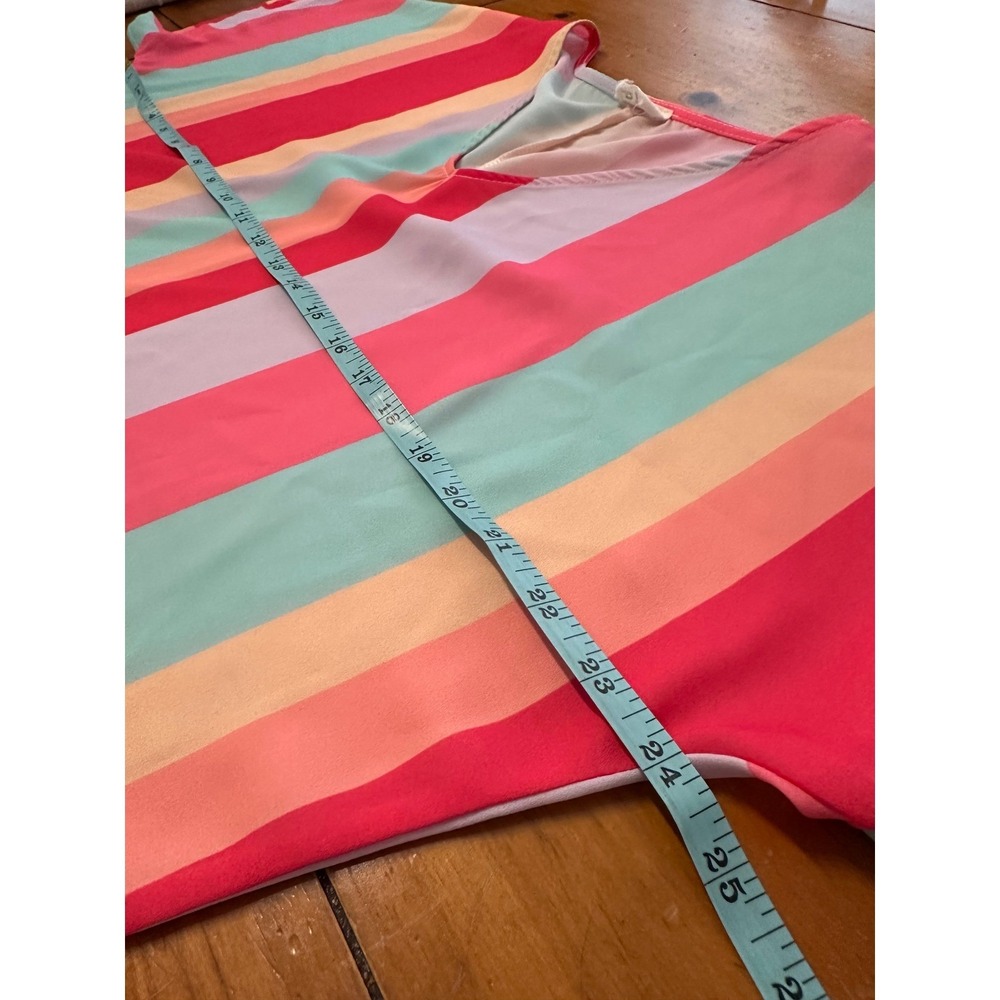 BiBi Women Large Pink Mint Striped V-Neck Chiffon High-Low‎ Blouse Short Sleeve - Picture 6 of 8